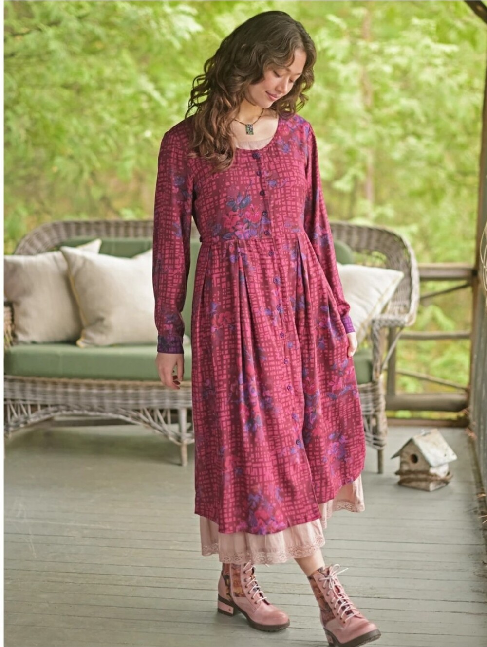 NWT April Cornell Madeira Dress Wine Red Prarie Floral Cottage Trad Wife Large